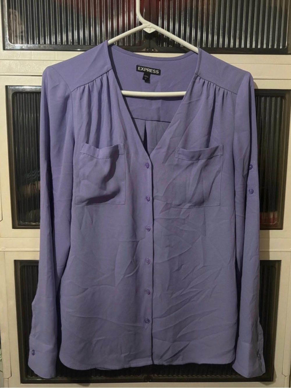 Express Lilac Button-Front Blouse with Chest Pockets